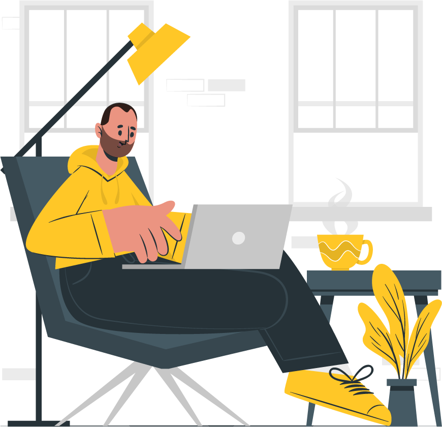 Illustration of JP working with a laptop on his lap sitting in a chair